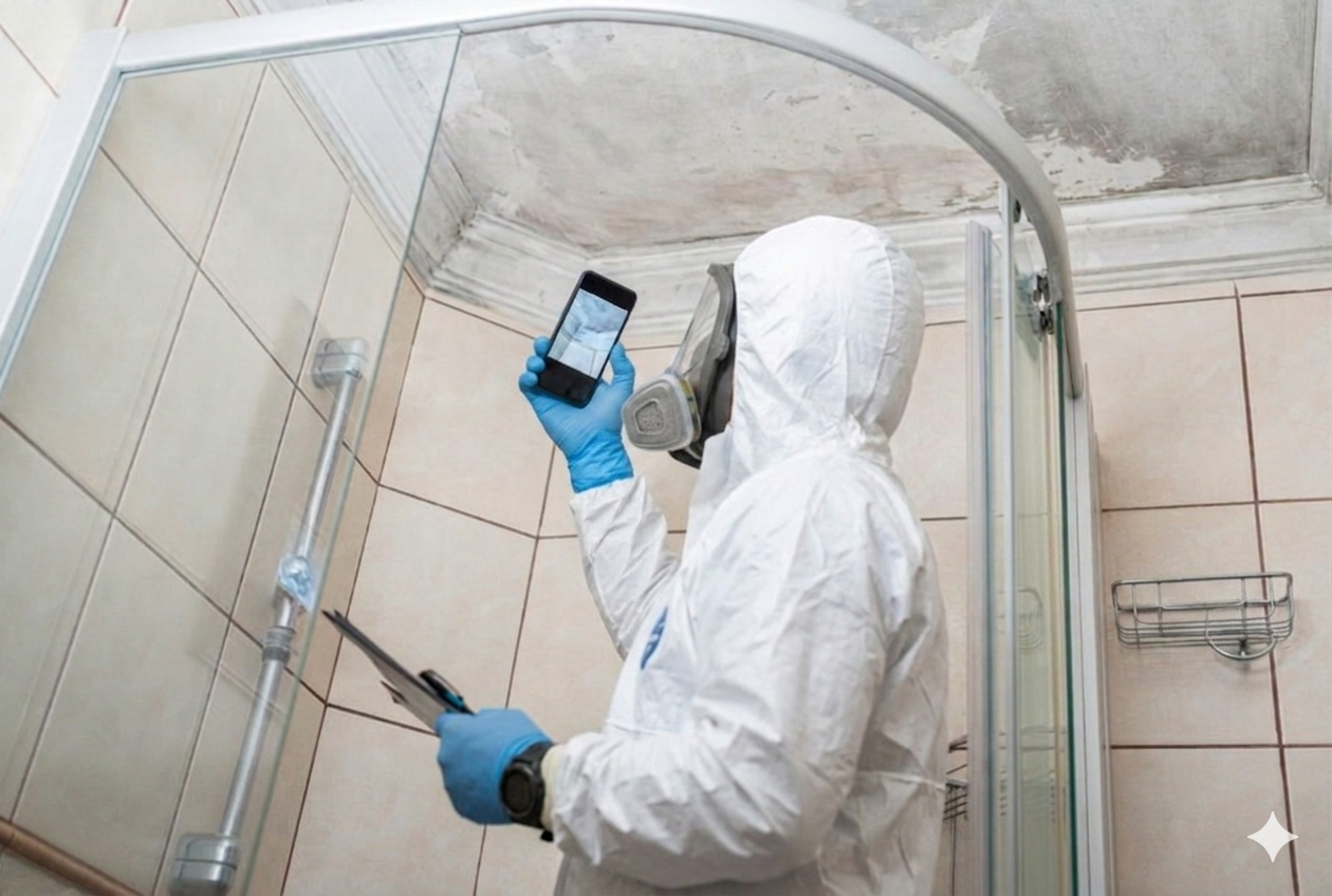 Technicien certifié en désamiantage et décontamination de moisissures sur un chantier résidentiel
